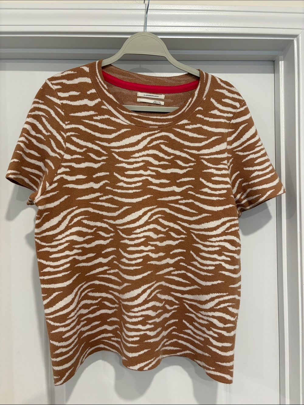 Anthropologie Brown & White Zebra-Print Short Sleeve Top